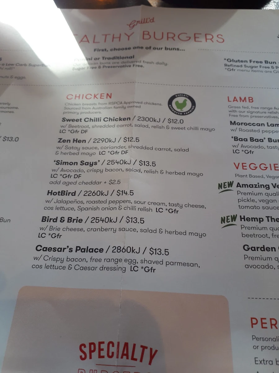 Menu, Grill'd Burgers - Casey