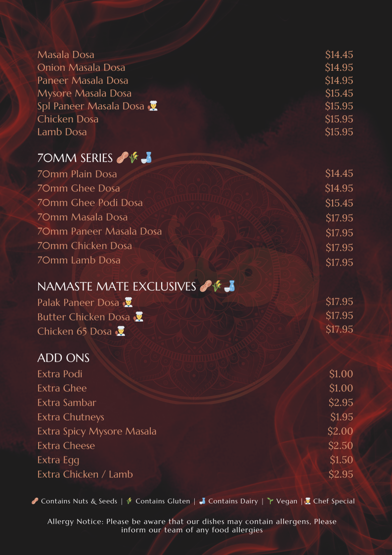 Menu, Namaste Mate Multi Indian Cuisine Restaurant