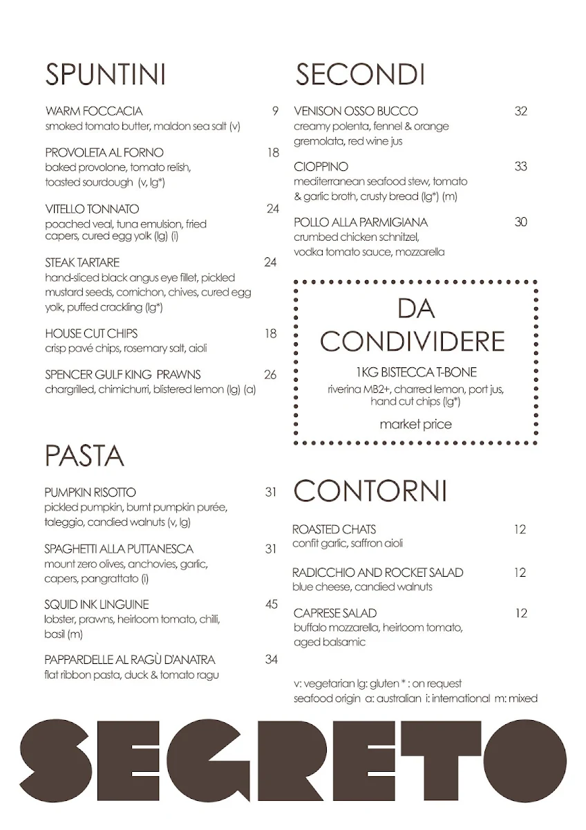 Menu, Segreto Restaurant