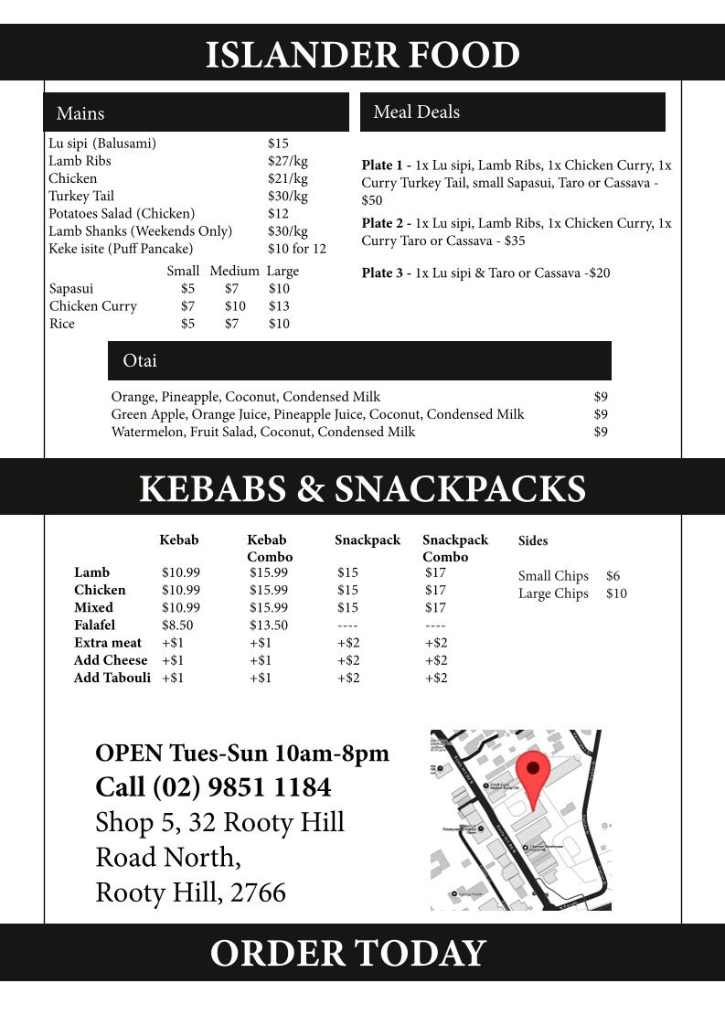 Menu, Rooty Hill Food Services