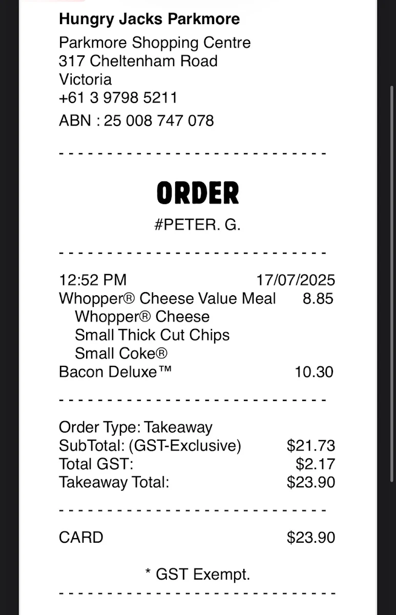 Menu, Hungry Jack's Burgers Parkmore