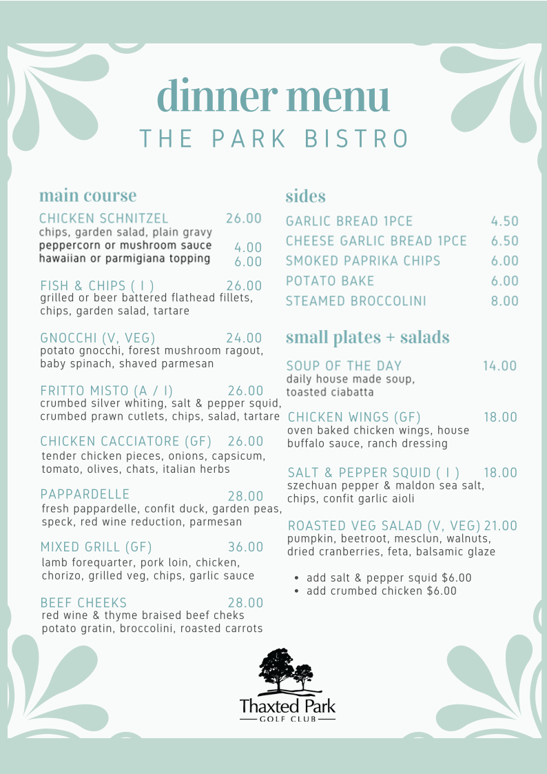 Menu, The Park Bistro