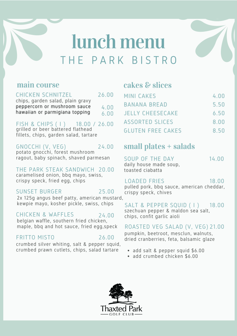 Menu, The Park Bistro