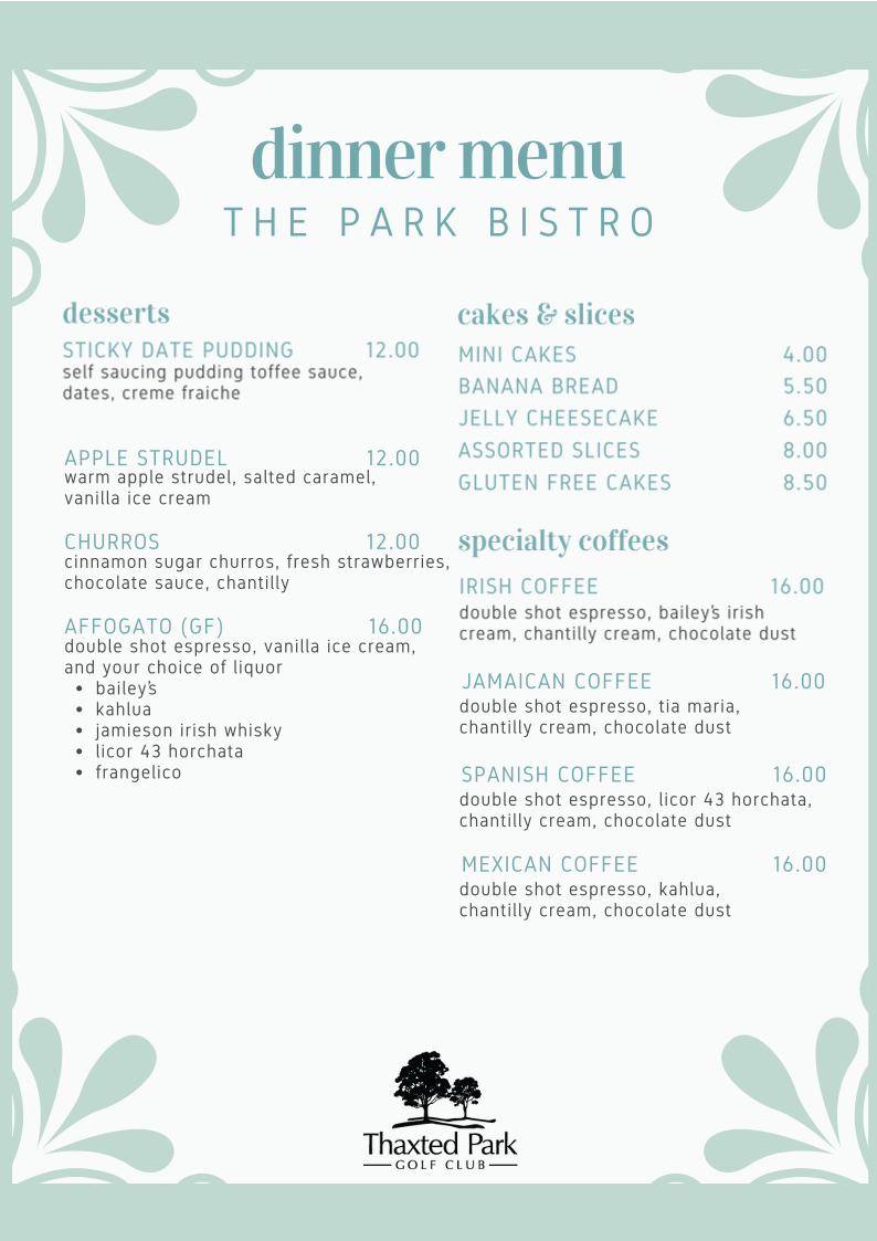 Menu, The Park Bistro