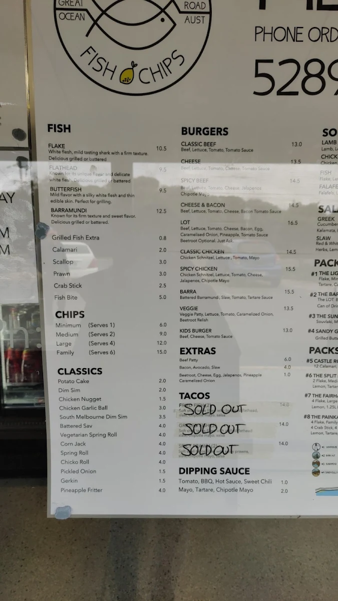 Menu, Aireys Inlet Fish & Chips
