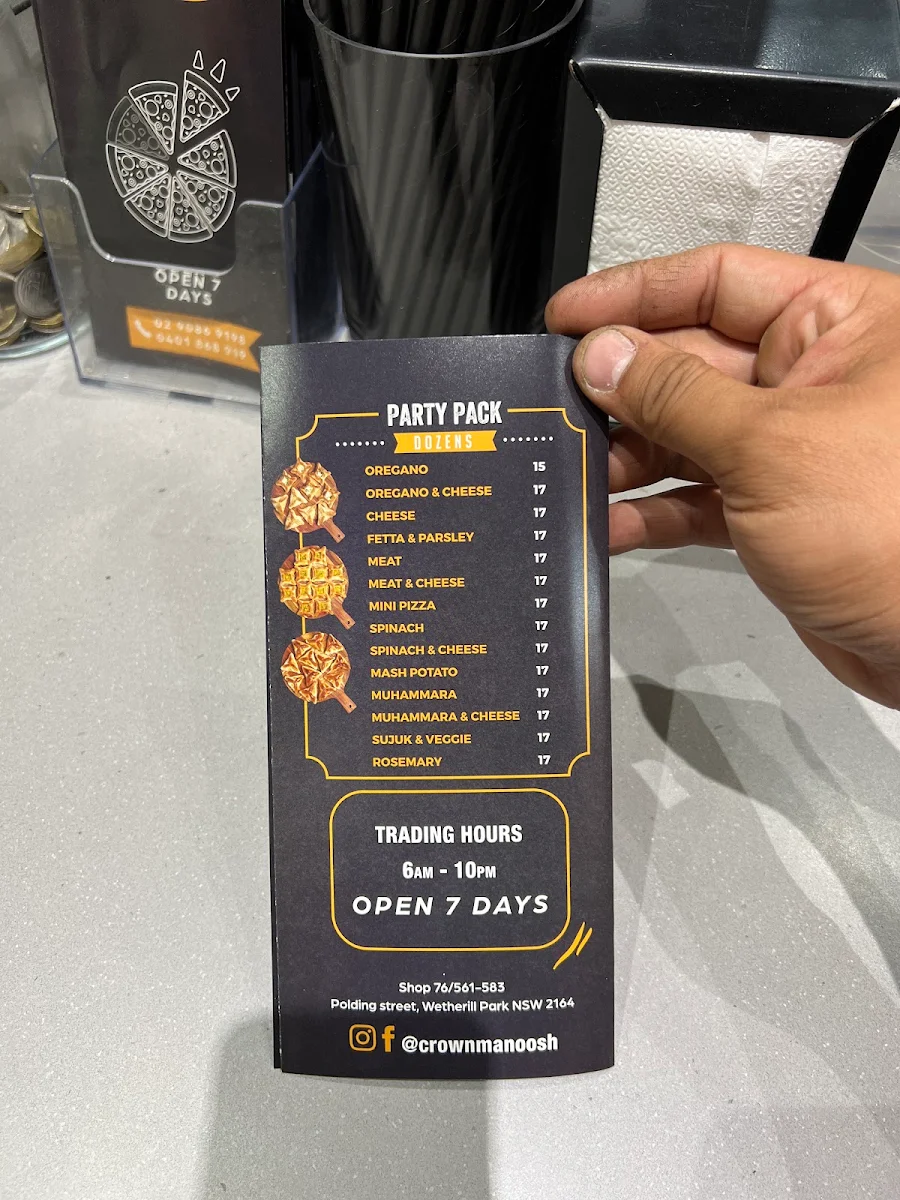 Menu, Crown Manoosh & Pizza