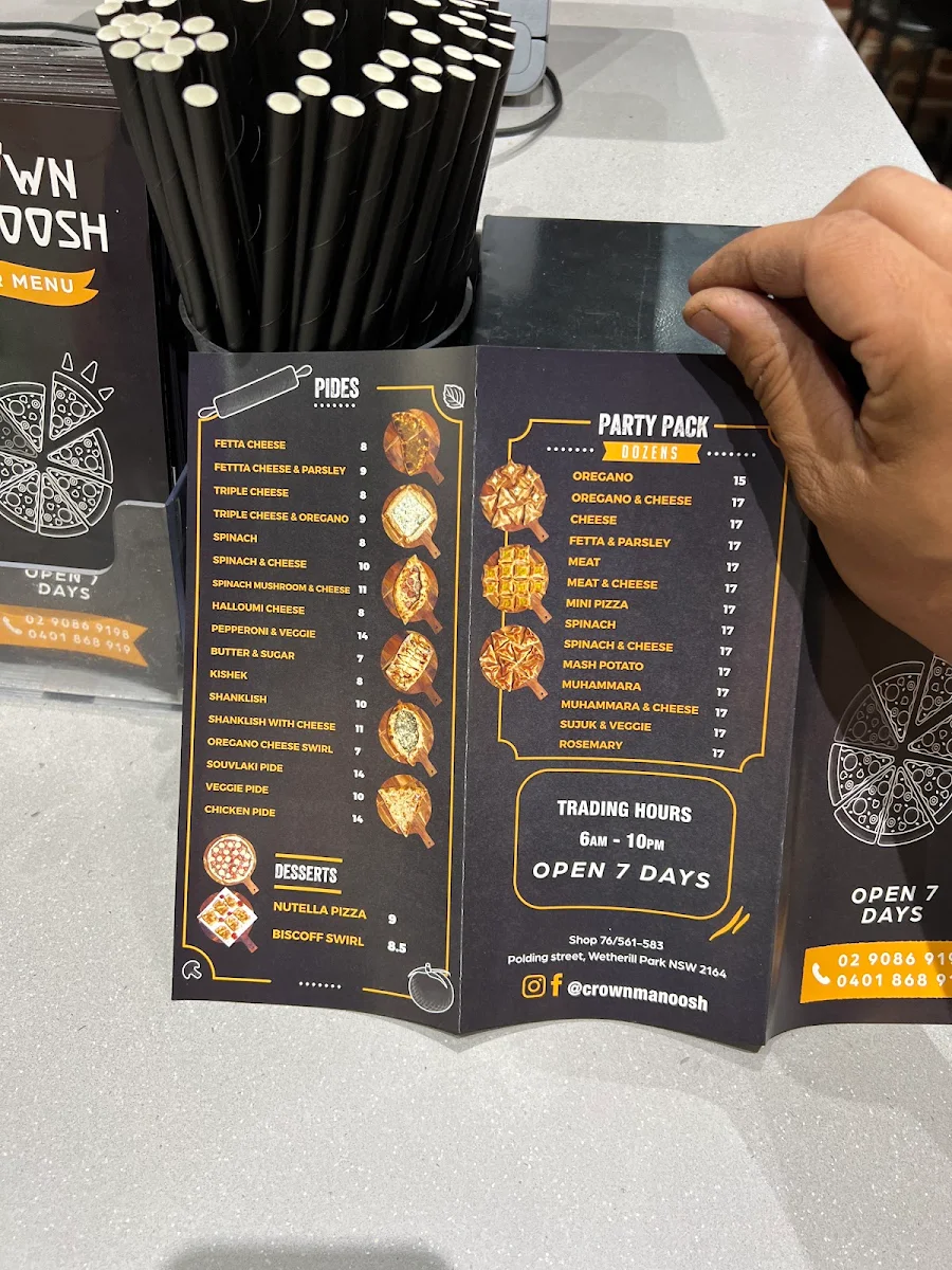 Menu, Crown Manoosh & Pizza