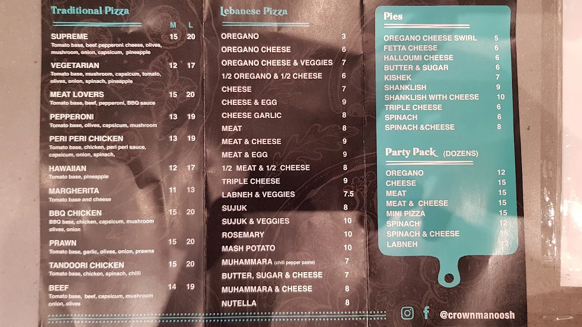 Menu, Crown Manoosh & Pizza
