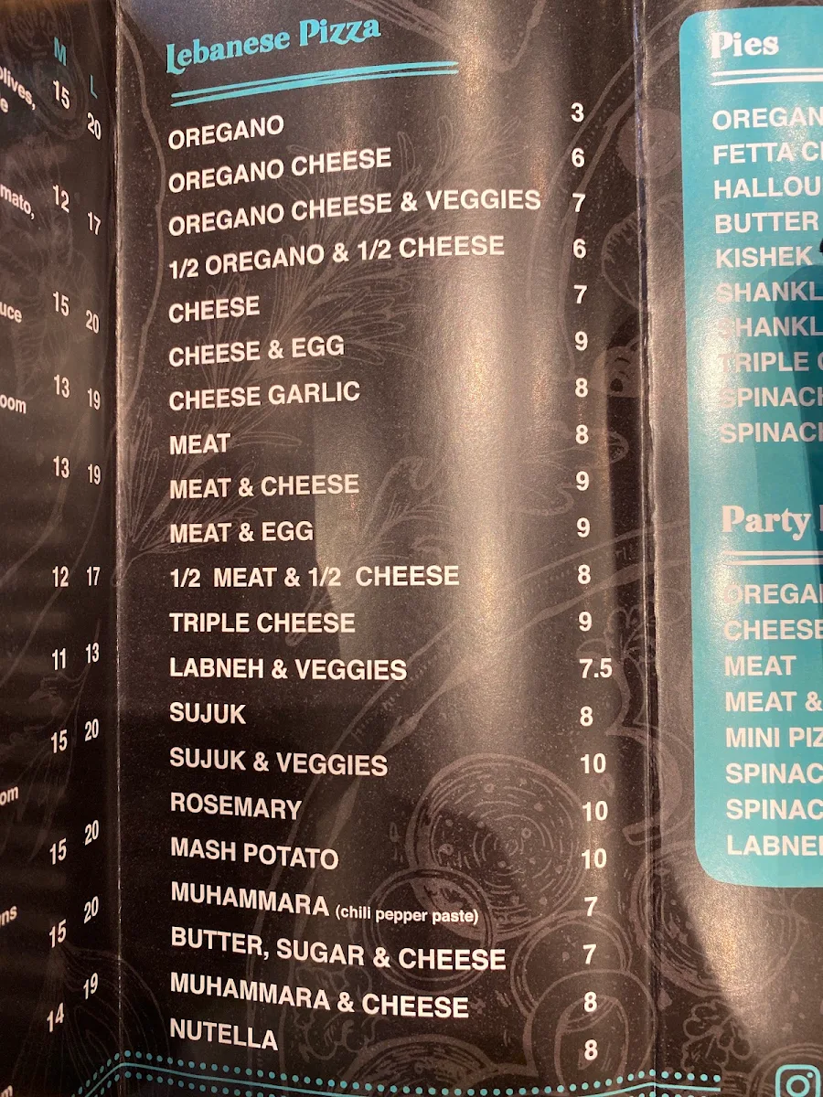 Menu, Crown Manoosh & Pizza