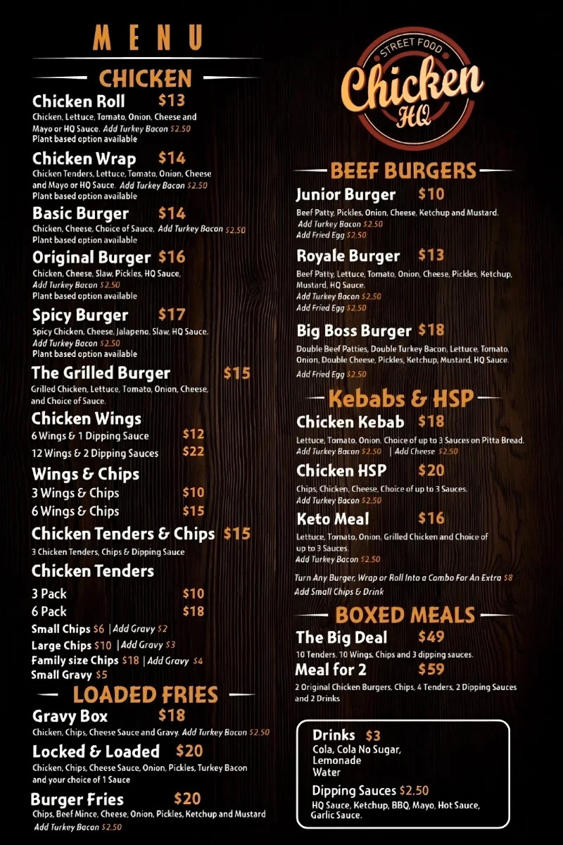 Menu, Chicken HQ