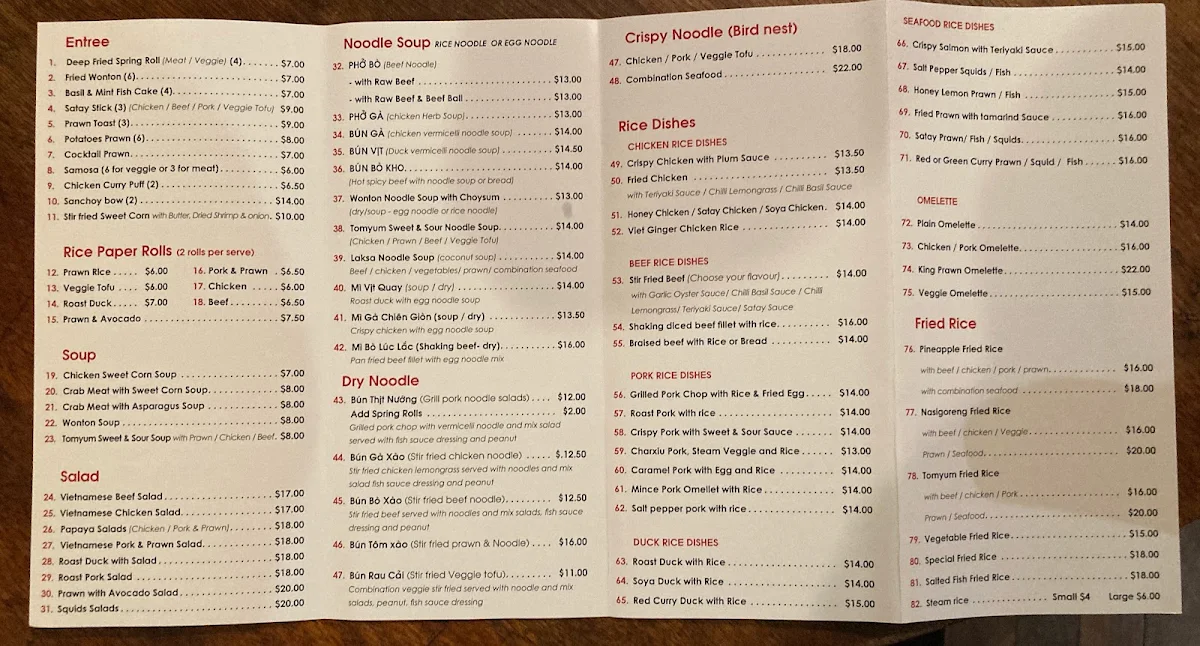 Menu, Friendship Vietnamese Delights Restaurant