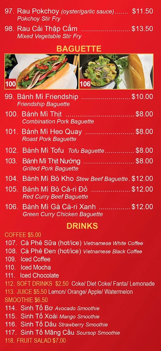 Menu, Friendship Vietnamese Delights Restaurant