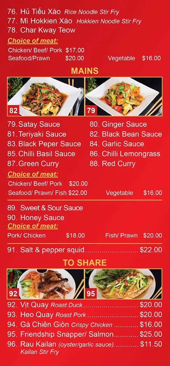 Menu, Friendship Vietnamese Delights Restaurant