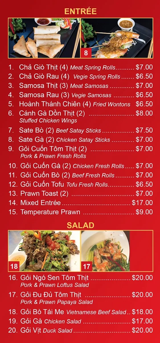 Menu, Friendship Vietnamese Delights Restaurant
