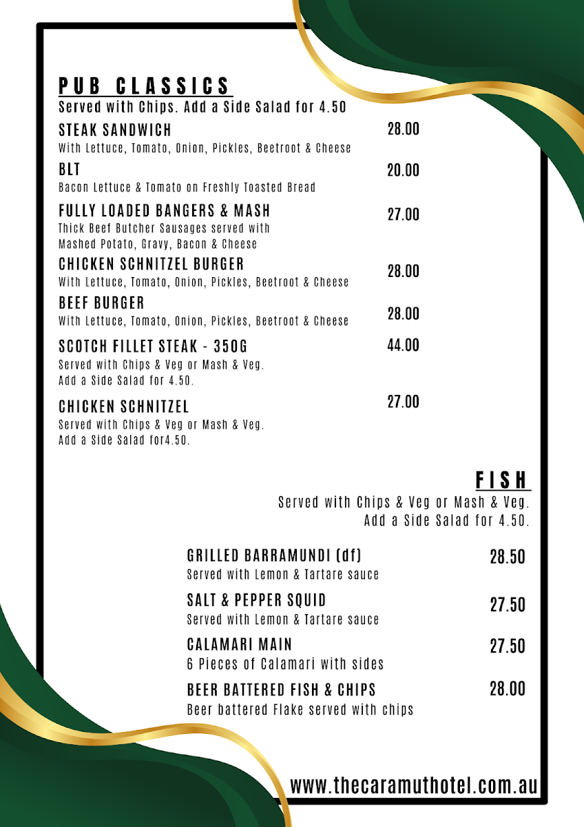 Menu, The Caramut Hotel