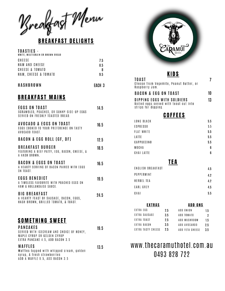 Menu, The Caramut Hotel