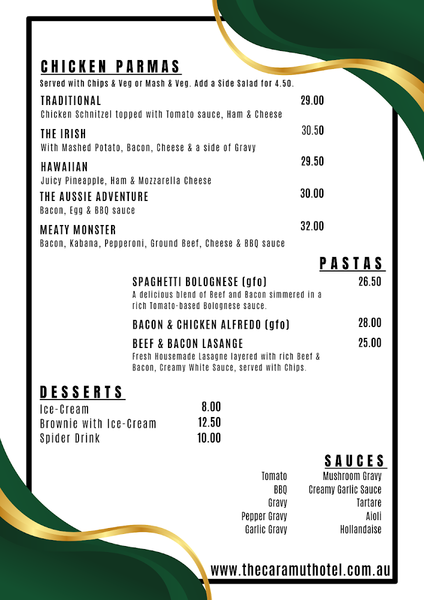 Menu, The Caramut Hotel