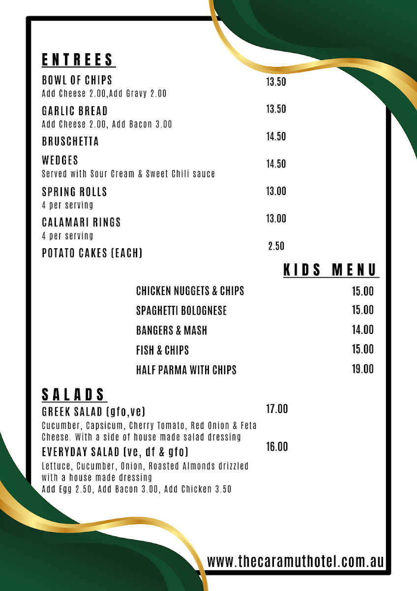 Menu, The Caramut Hotel