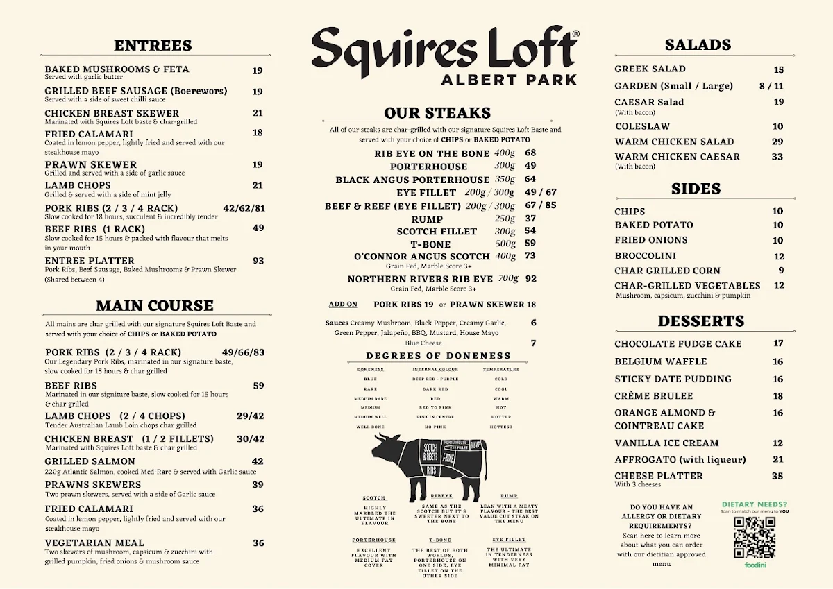 Menu, Squires Loft Albert Park