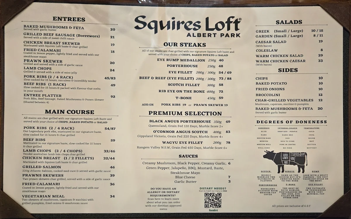 Menu, Squires Loft Albert Park