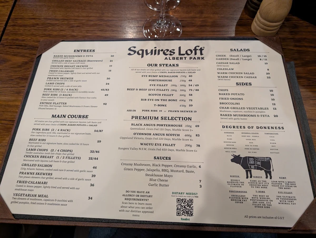 Menu, Squires Loft Albert Park
