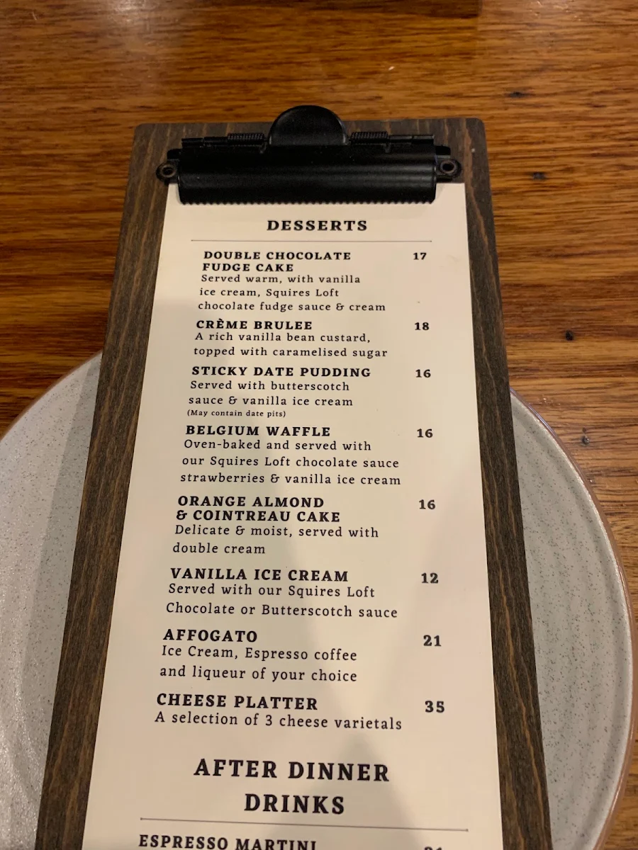 Menu, Squires Loft Albert Park