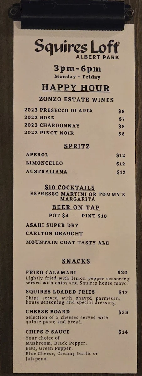 Menu, Squires Loft Albert Park