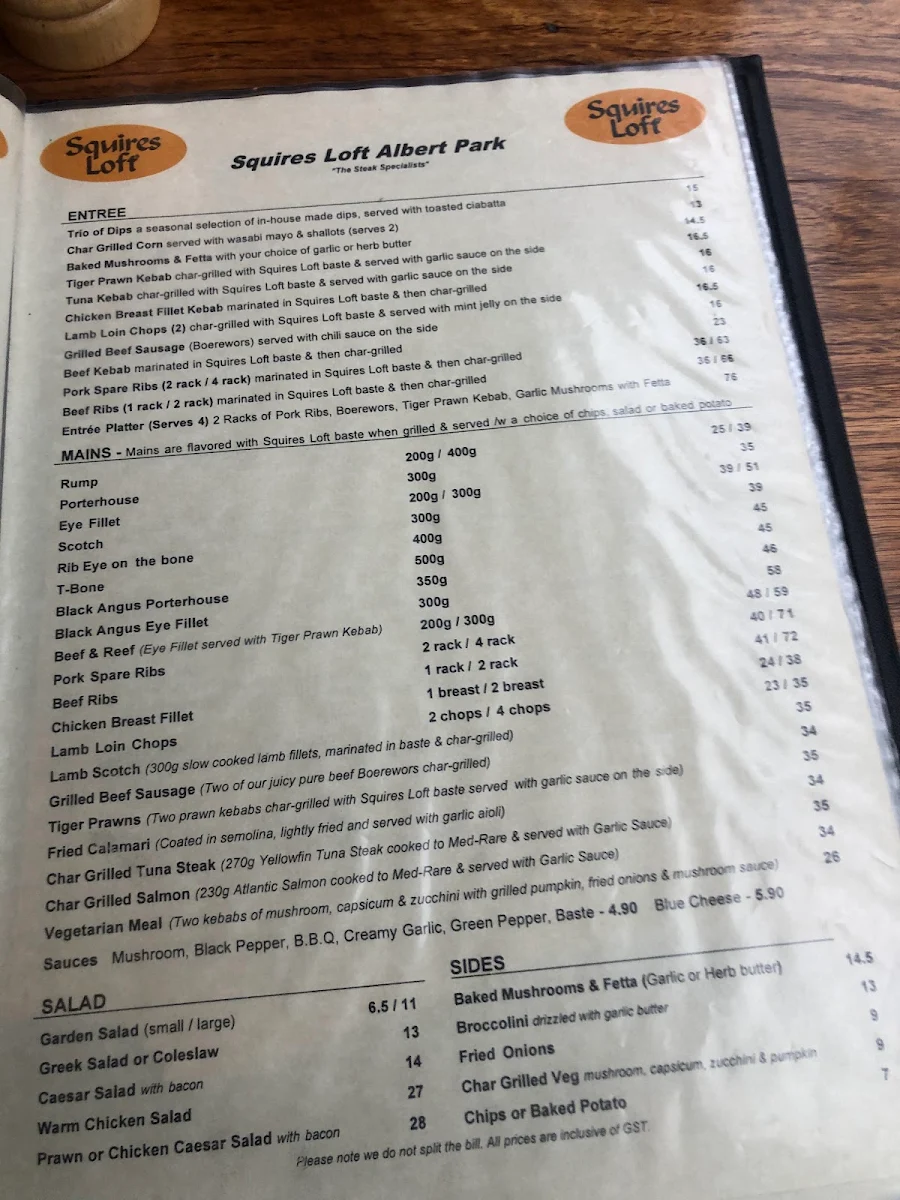 Menu, Squires Loft Albert Park