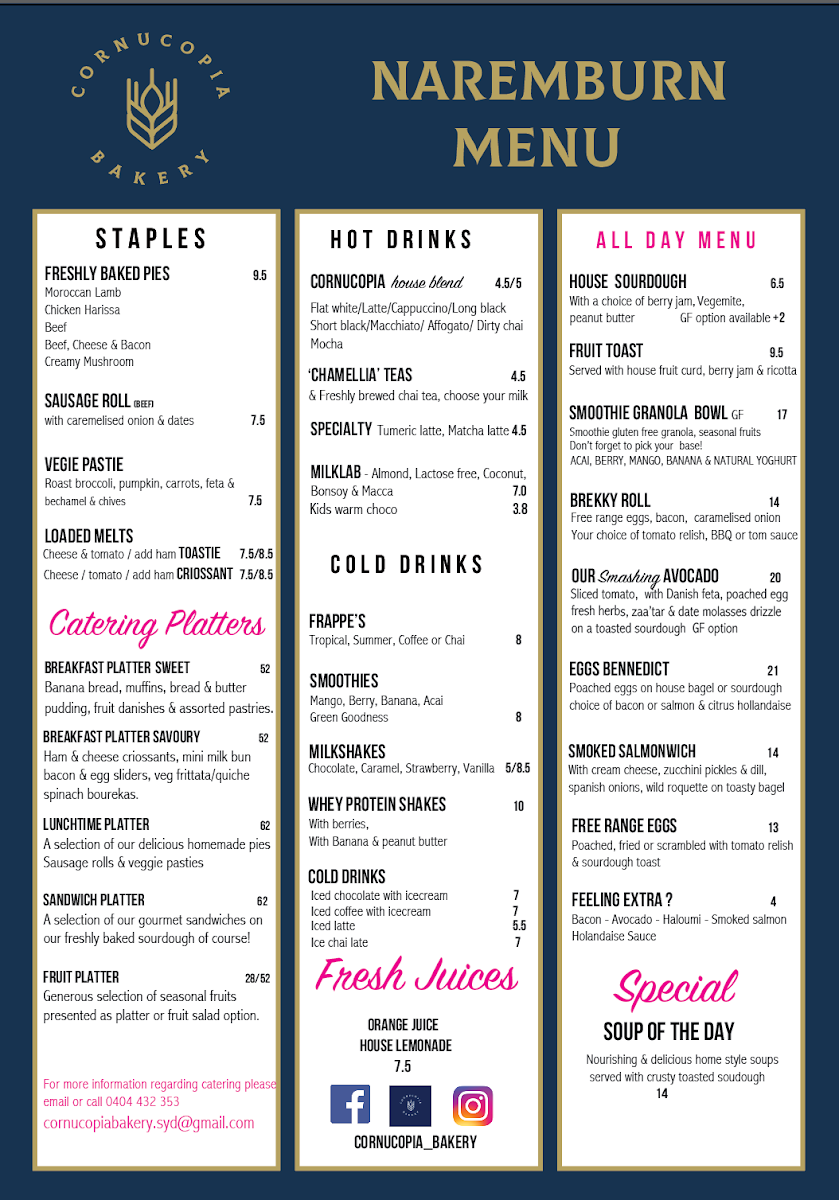 Menu, Cornucopia Bakery