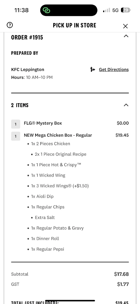 Menu, KFC Leppington