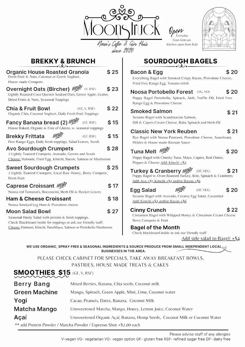 Menu, Moonstruck Noosa