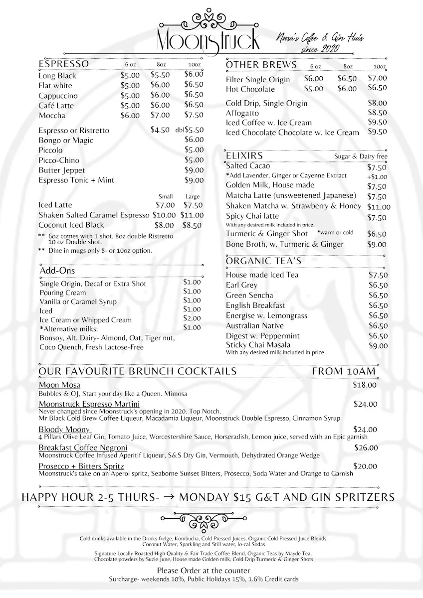 Menu, Moonstruck Noosa