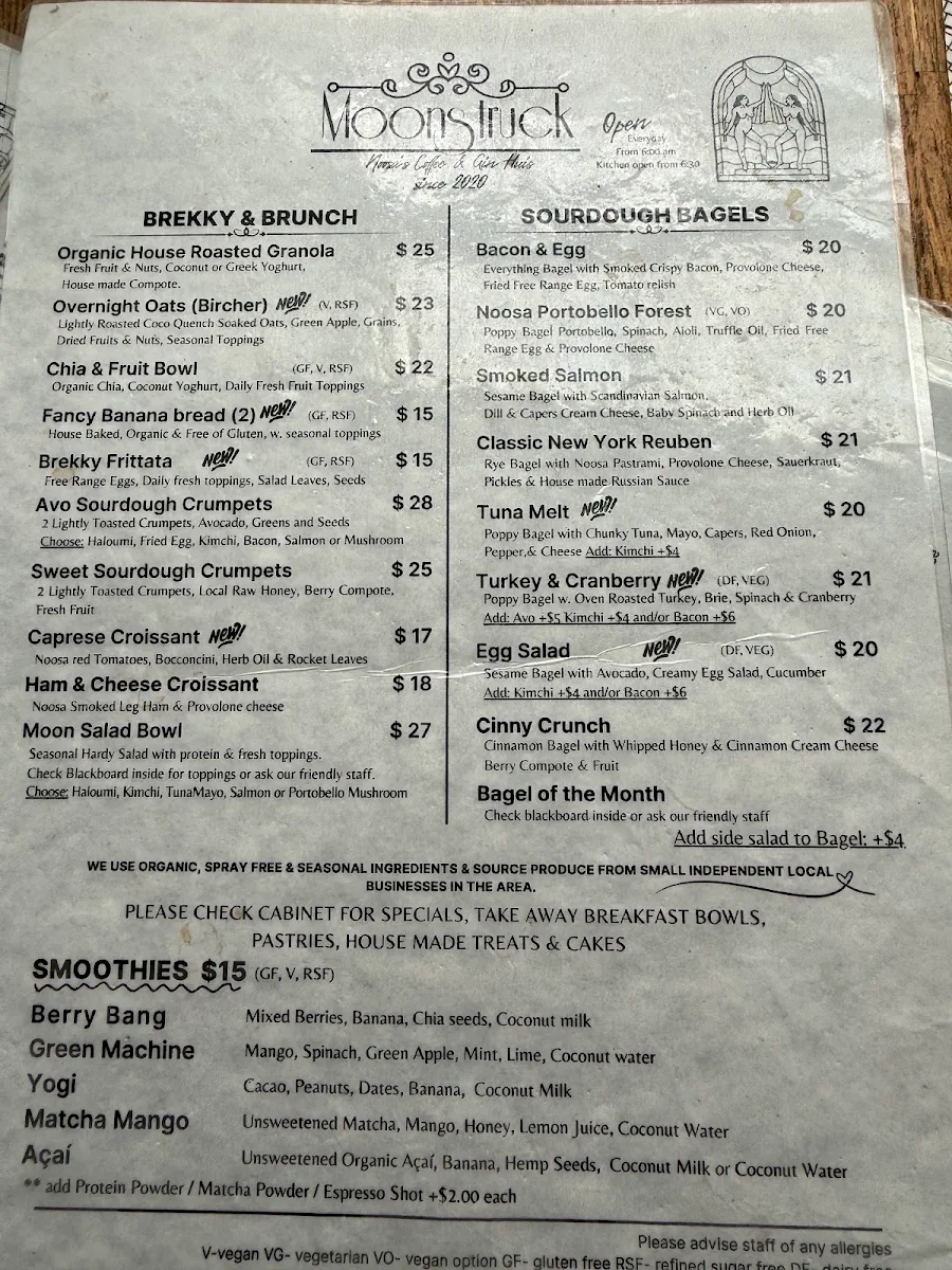 Menu, Moonstruck Noosa