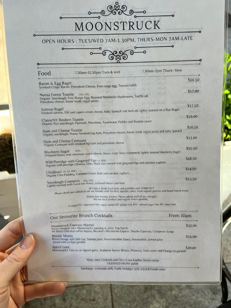 Menu, Moonstruck Noosa
