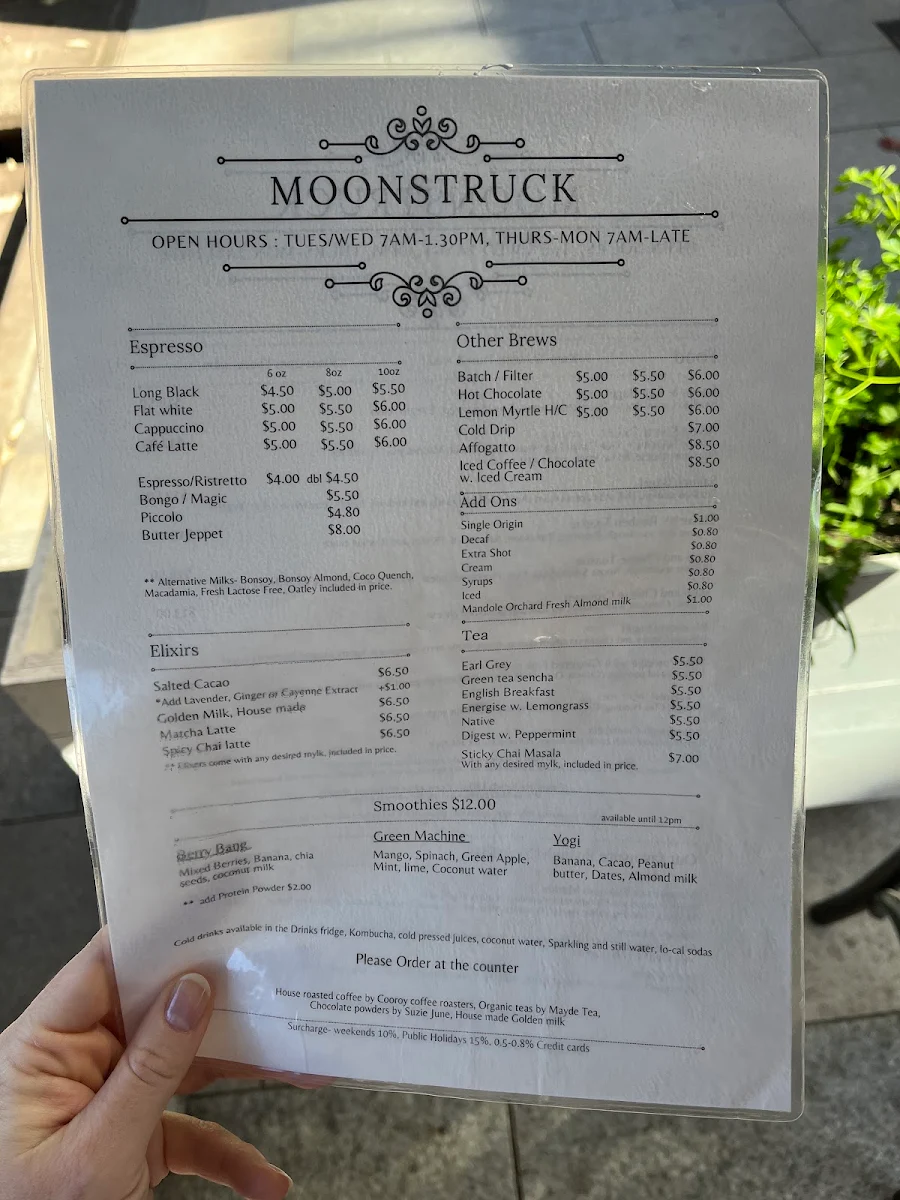Menu, Moonstruck Noosa