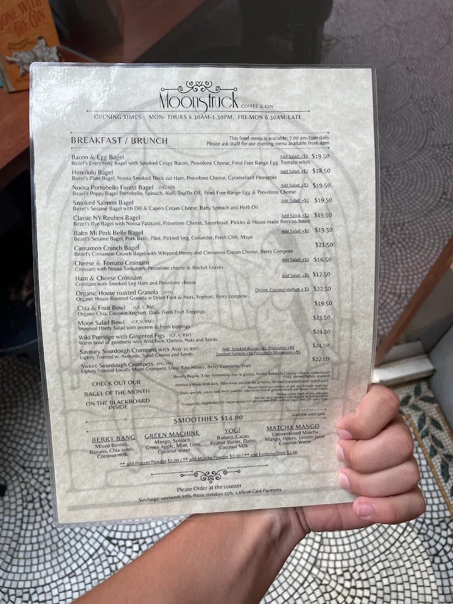 Menu, Moonstruck Noosa