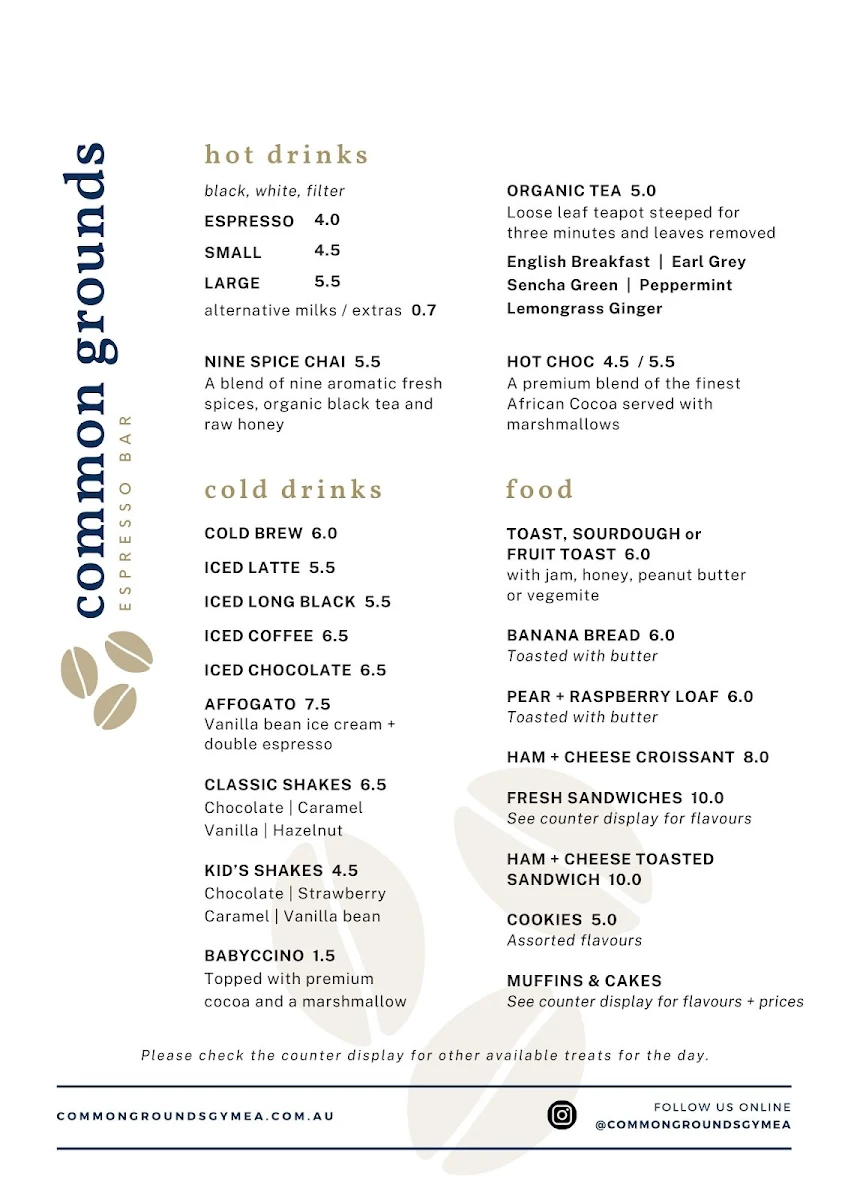 Menu, Common Grounds Espresso Bar