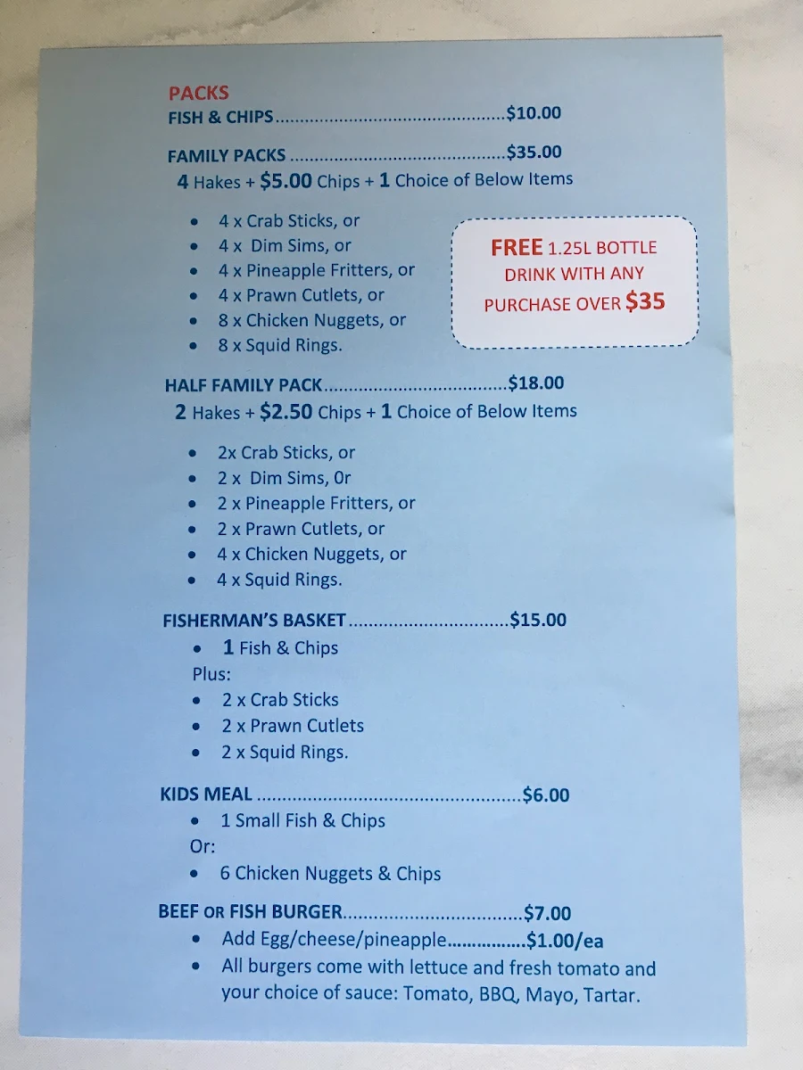 Menu, The Market Place Fish & Chips WA