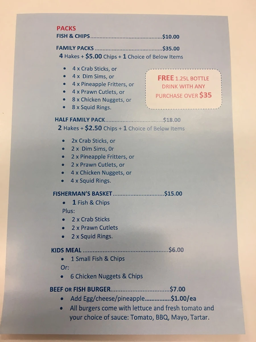 Menu, The Market Place Fish & Chips WA