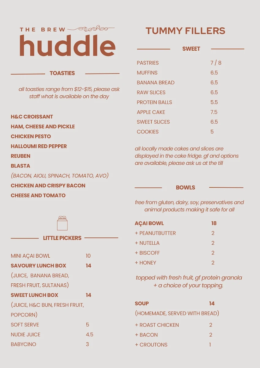 Menu, HUDDLE: the brew