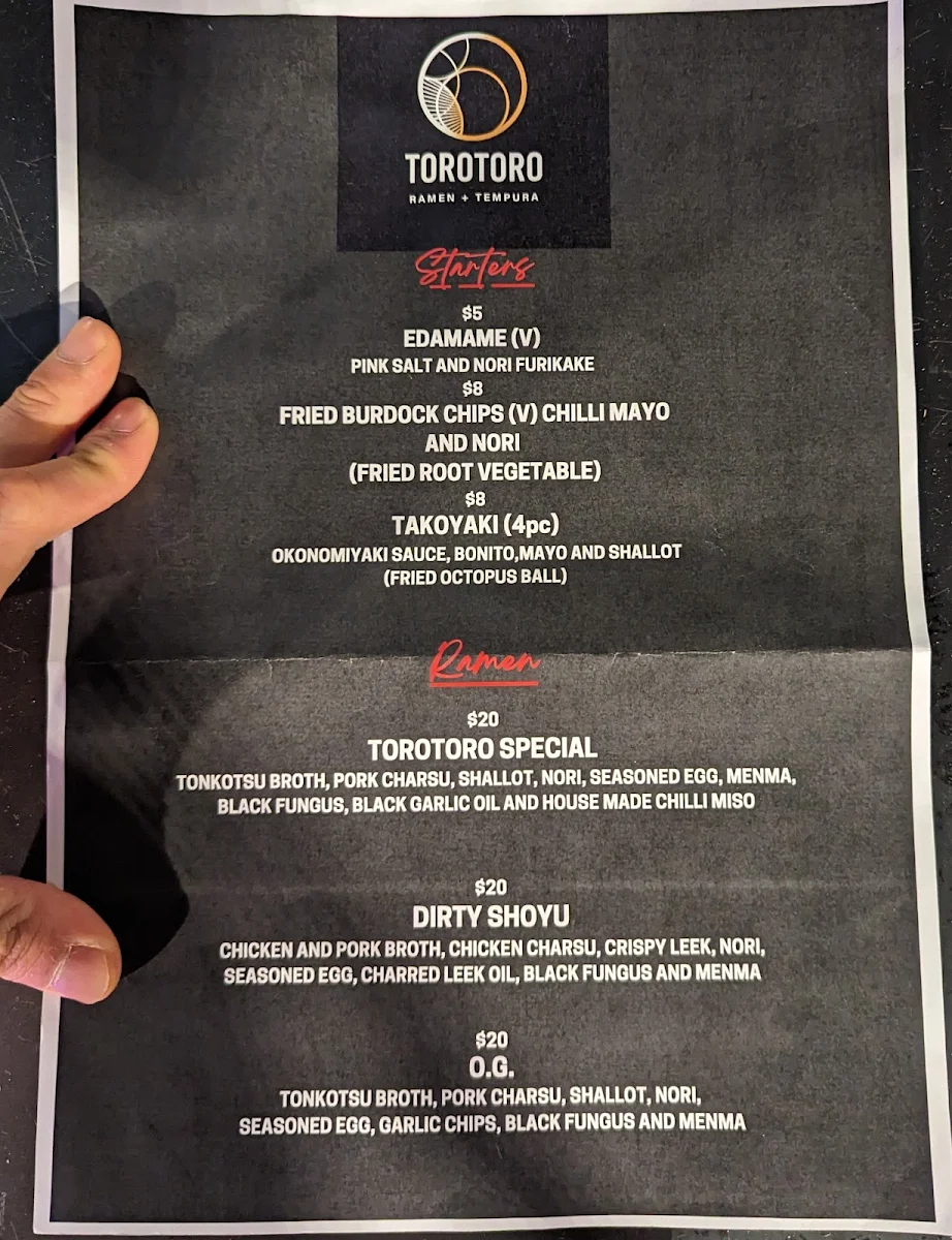 Menu, Torotoro Ramen + Tempura