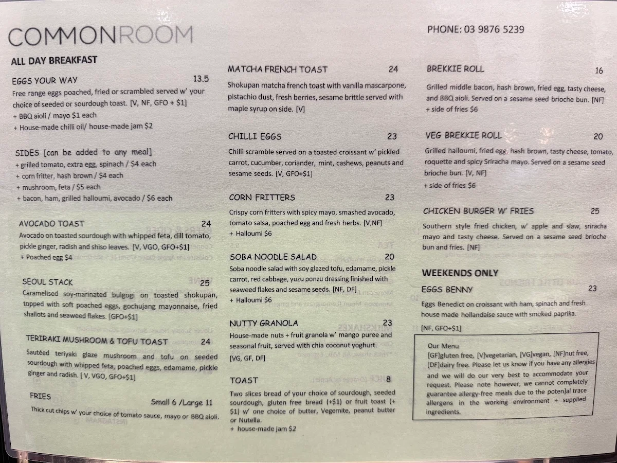 Menu, Common Room.