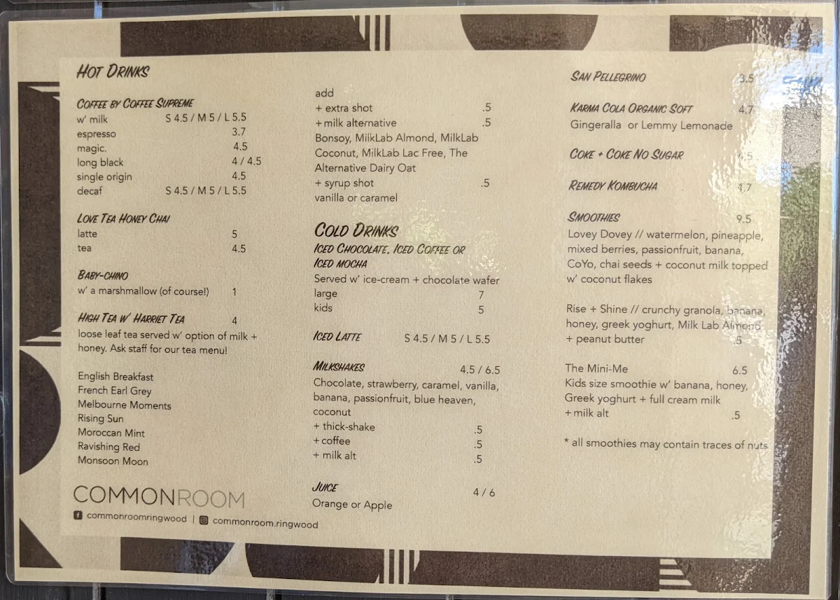 Menu, Common Room.