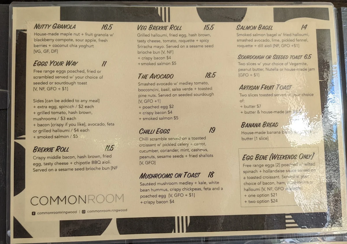 Menu, Common Room.