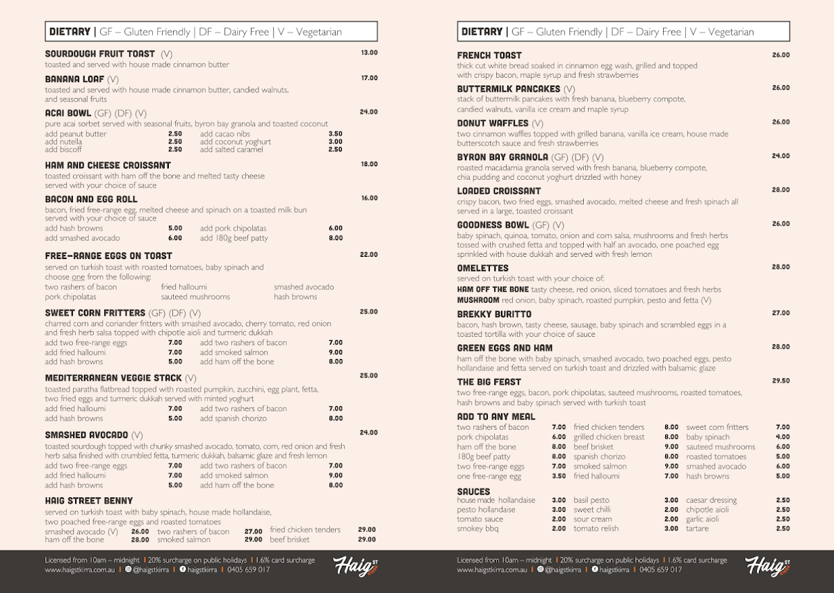 Menu, Haig Street Cafe Kirra