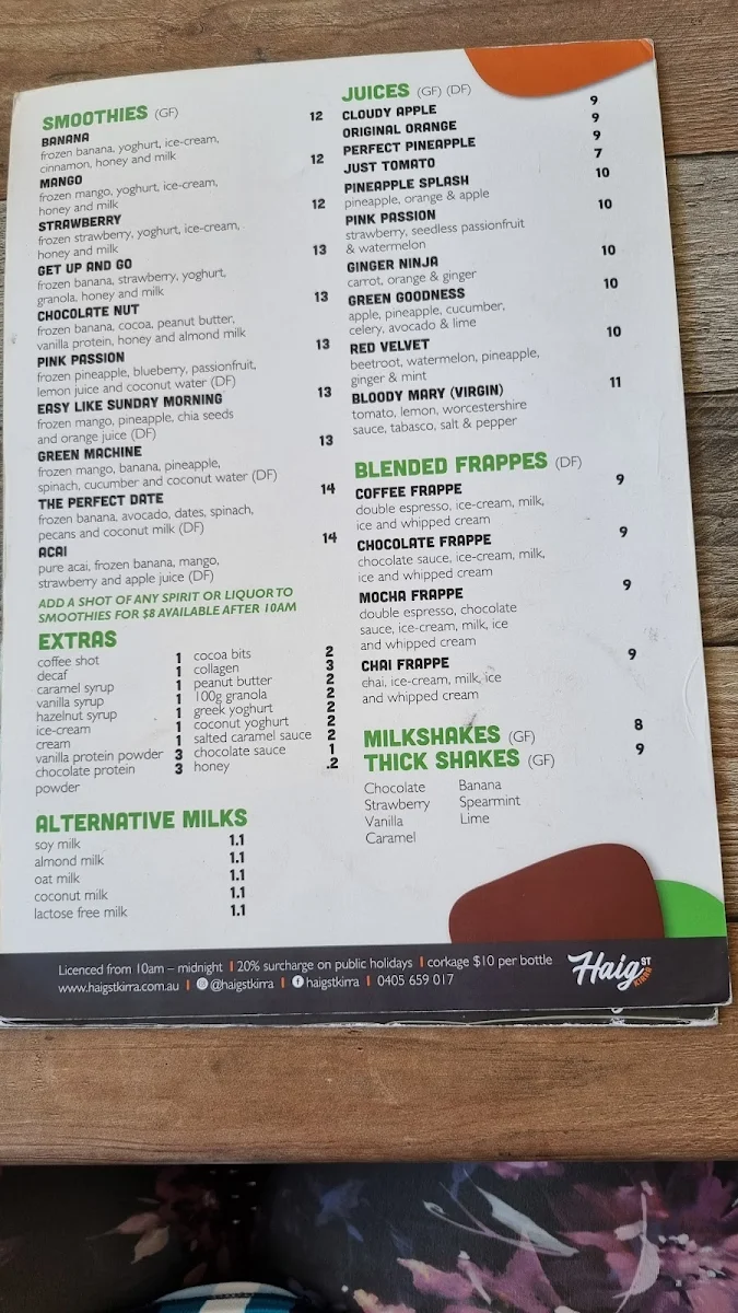 Menu, Haig Street Cafe Kirra