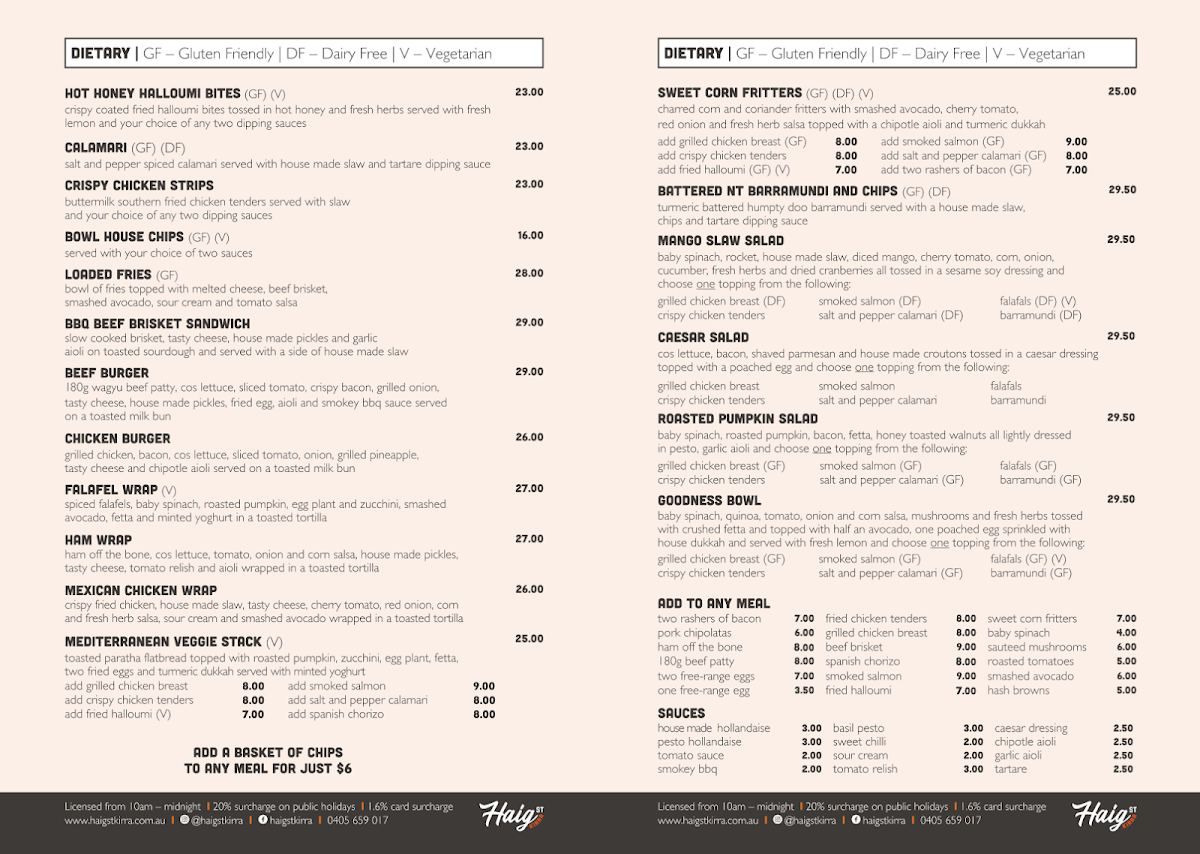 Menu, Haig Street Cafe Kirra