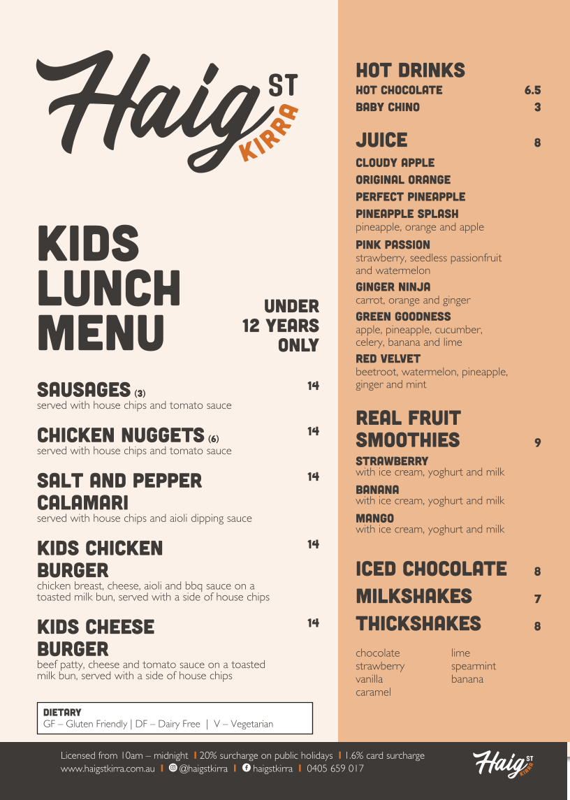 Menu, Haig Street Cafe Kirra