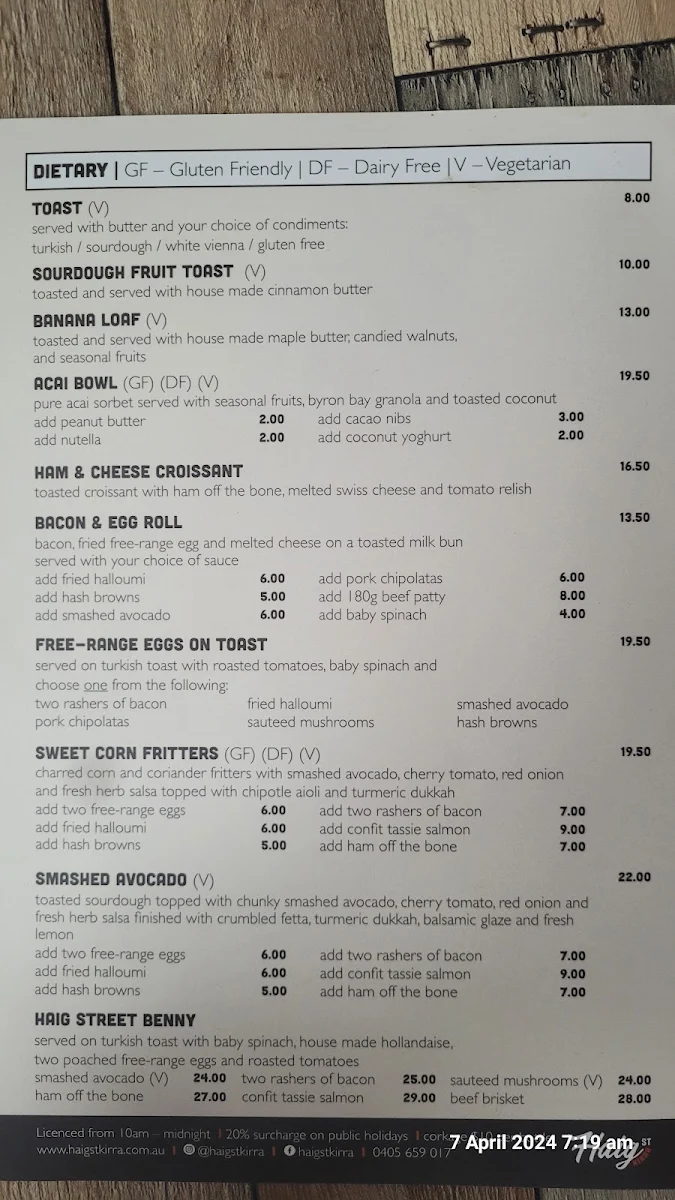 Menu, Haig Street Cafe Kirra