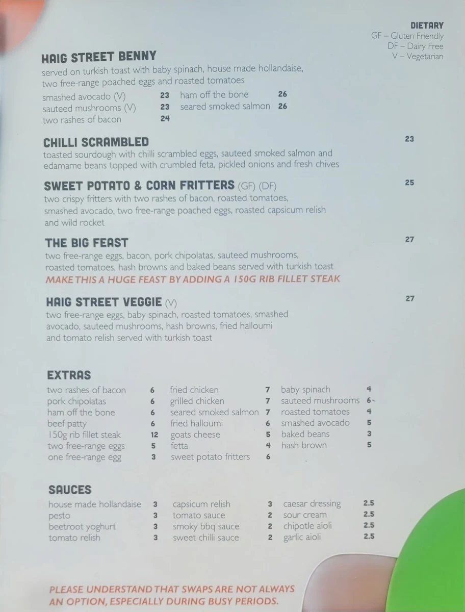 Menu, Haig Street Cafe Kirra